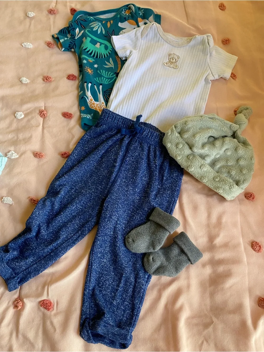 Little Me Cream Ribbed Baby Onesie with Gold Teddy Embroidery